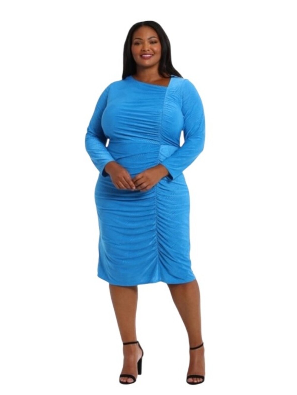 London Times | Sky Blue Asymmetric Neck Long Sleeve Ruched Midi Dress Size 18